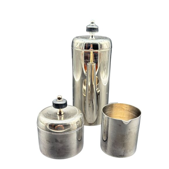 Vintage MCM Silver Stainless Steel Coffee/Tea Pot Creamer & Sugar Set With Lids - Picture 2 of 5